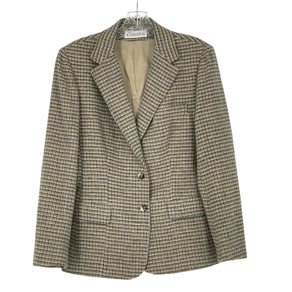 Vintage Classica Tan Gray Plaid Two Button Wool Blazer Made in USA Casual Basic